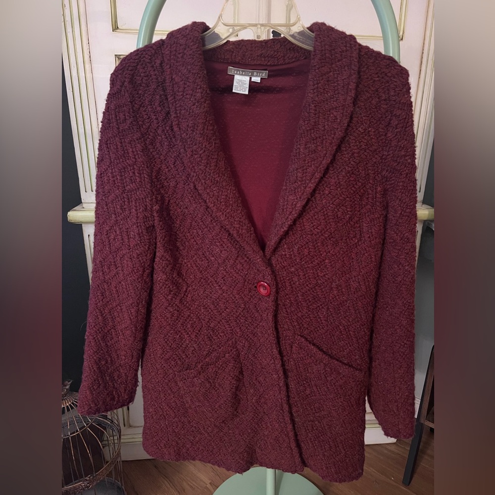 Isabella Bird Vintage Wool blend Sweater Blazer, Deep Red Textured Women's Coat